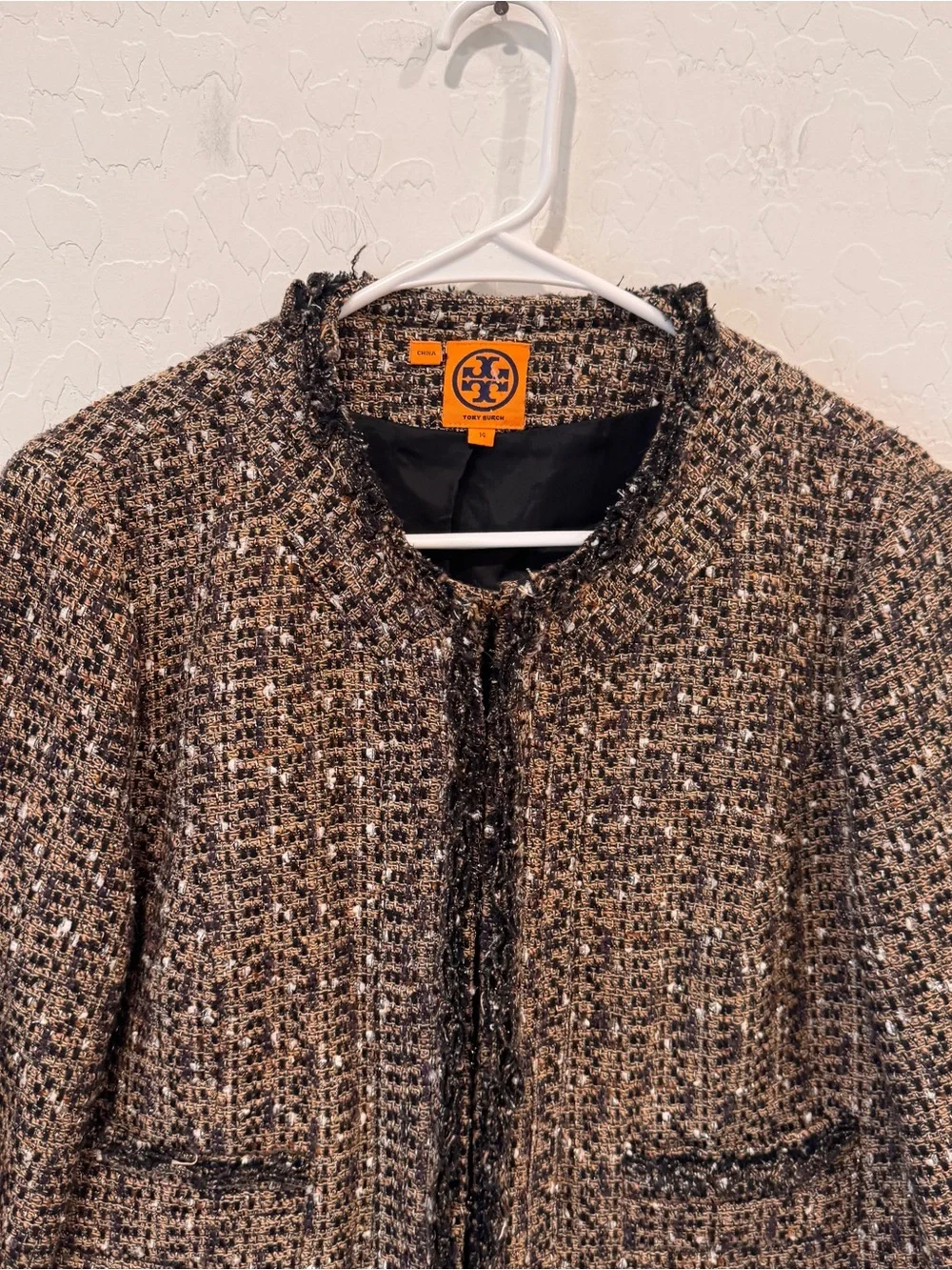 Tory Burch Brown Multi Tweed Fringe-Trim Cropped Jacket Womens 14 Metallic